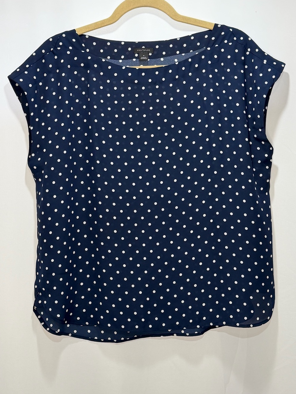 Ann Taylor Navy Blue and White Polka Dot Blouse Size Medium